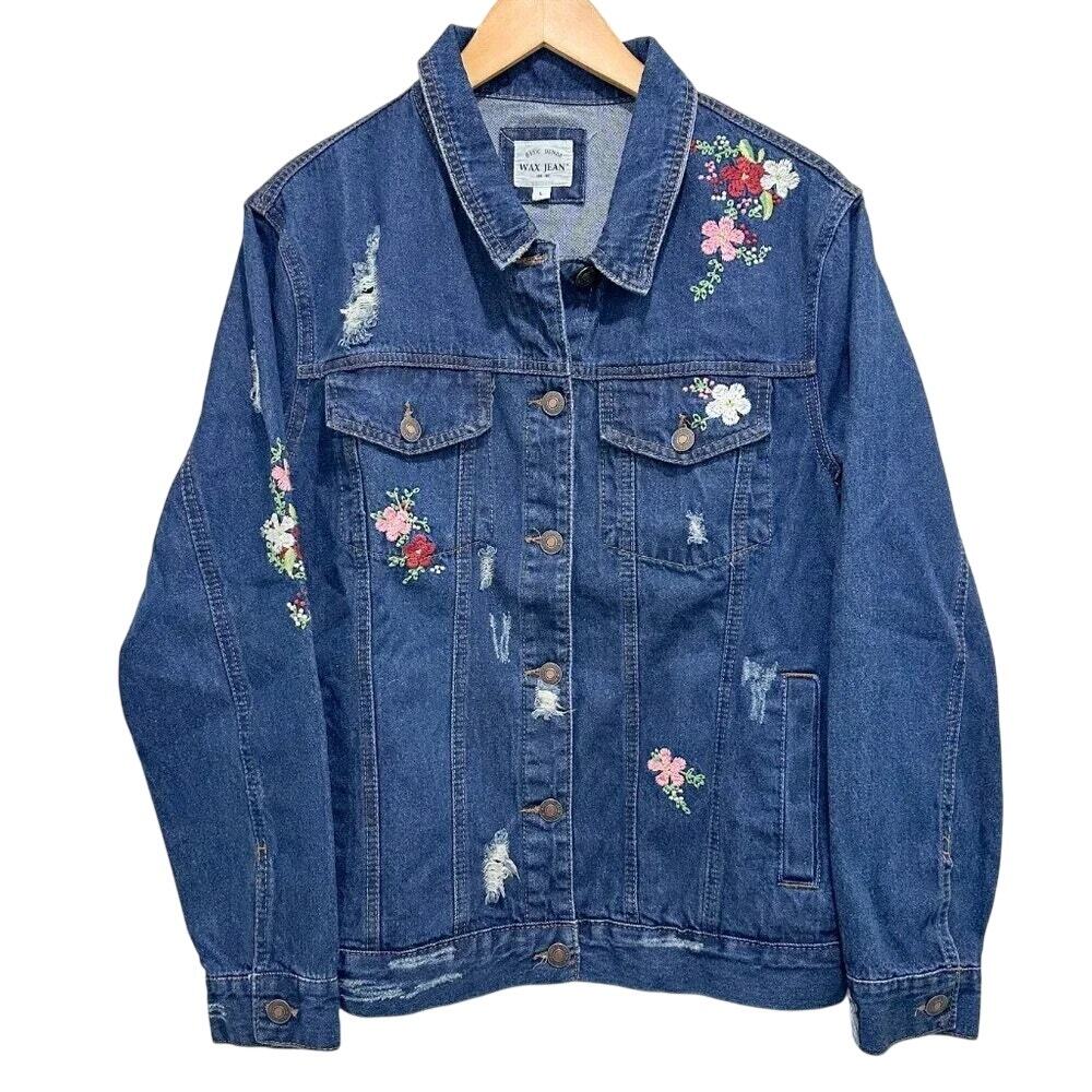 1251-Wax Jean Floral Embroidered Denim Jacket- Medium